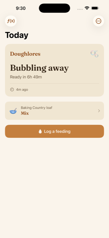 Autolyse home screen showing a starter named Doughlores bubbling away, with an active Country loaf bake in progress