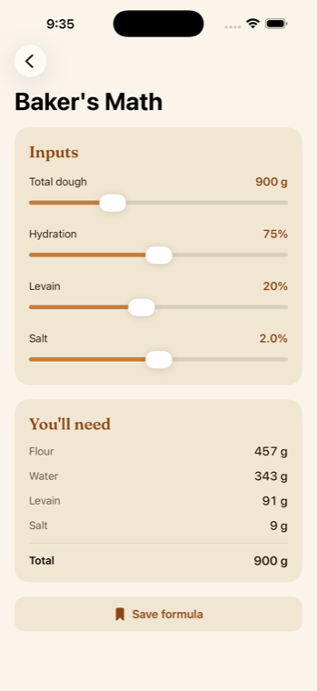 Baker's math calculator showing dough, hydration, levain, salt inputs and the resulting flour, water, levain, salt amounts