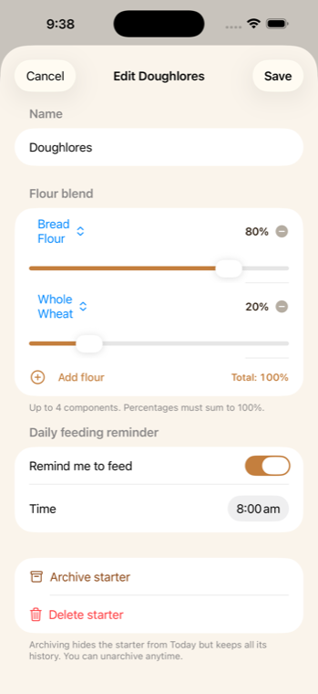 Flour blend editor with Bread Flour 80 percent and Whole Wheat 20 percent